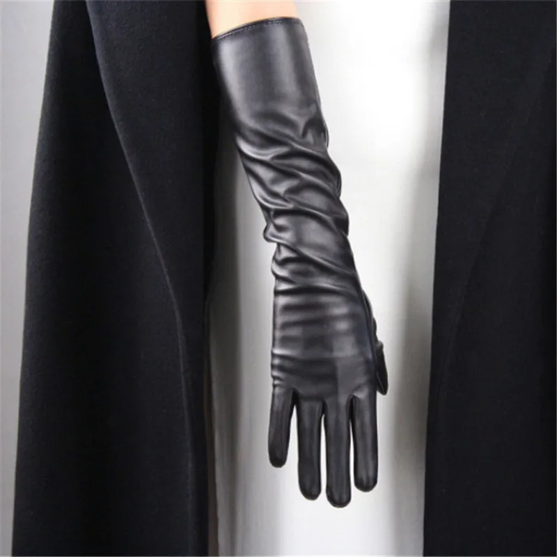 Black touch 40 см, лакированные кожаные перчатки, длинная секция, искусственная кожа, искусственная кожа, теплая яркая кожа, зеркальная, кремовая, бежевая, кремовая Женская PU46-40 - Цвет: Black touch