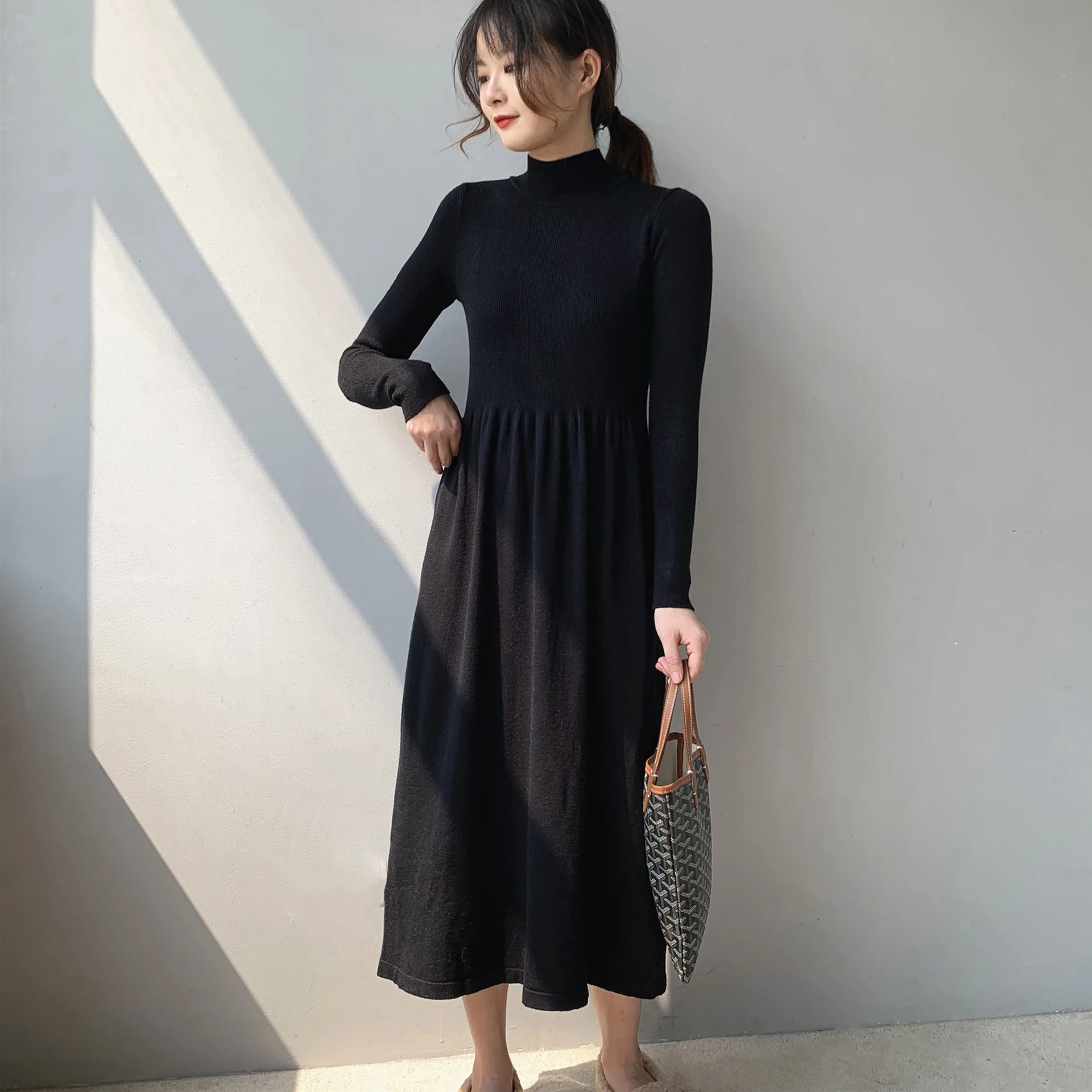 

Johnature Korean Women Clothes Dresses 2024 Spring New Loose Knitting Solid Color Simple Render Dress
