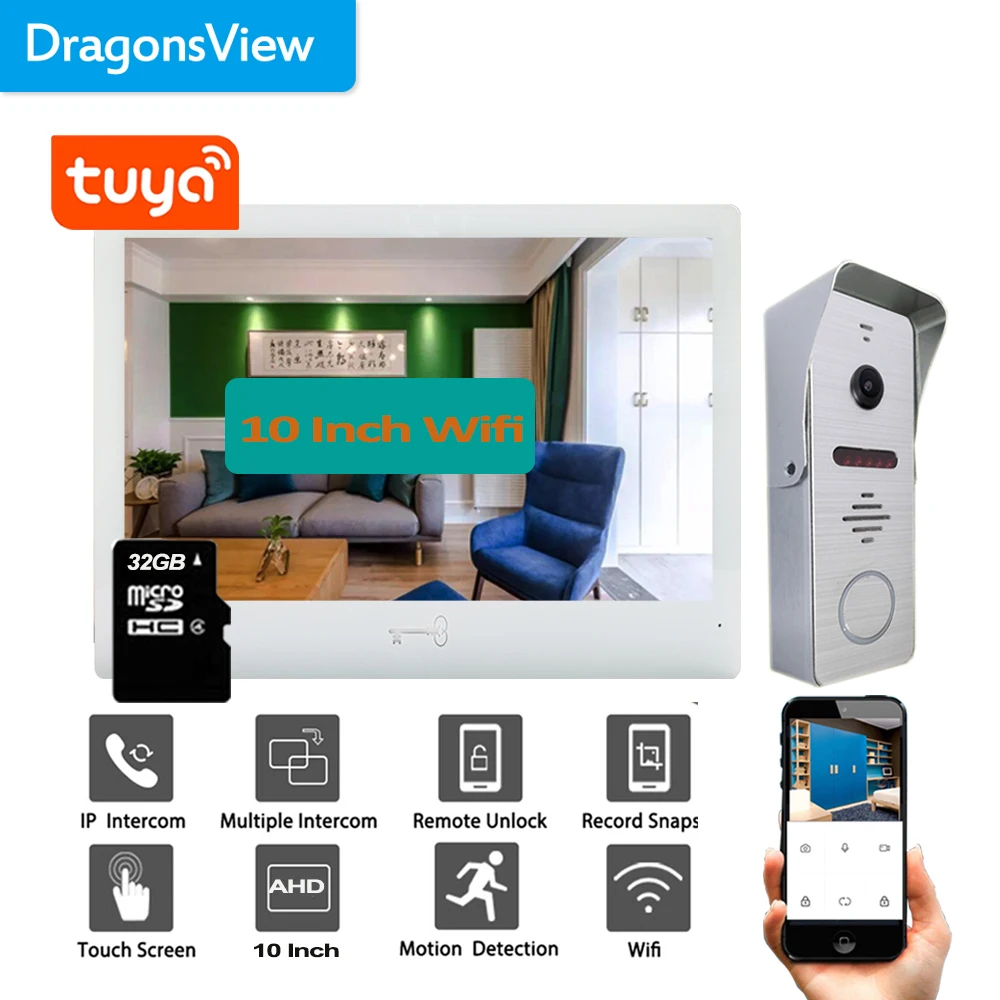 intercom with screen Dragonsview  10" Color Video Door Phone Wifi Wireless Video Intercom System Tuya App Mobile Unlock Monitor Day Night IR video intercom doorbell Door Intercom Systems