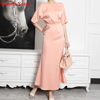 

Summer Classic Women's Acetate Silk Dress Femme V-neck Buttons Beading Pink Purple Slim French Long Robe Ladies Dinner Dress