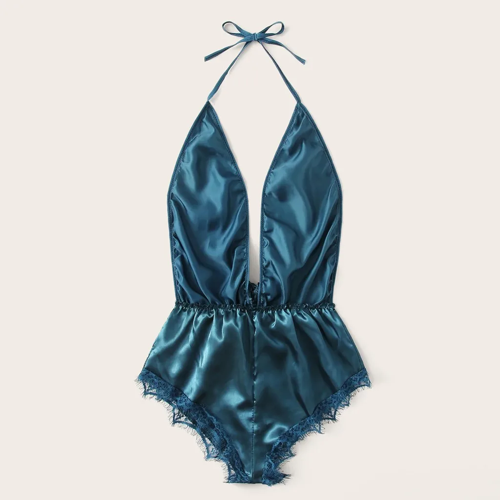Baby Doll Эротическое нижнее бельё для девочек Feminina кружевное платье с v-образным вырезом; нижнее белье с лямкой на шее искушение Lenceria пятностойкий шёлк бантом Тедди для сна, пижамы