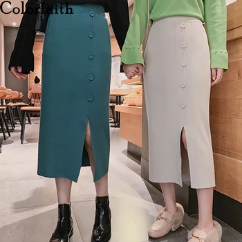 

Colorfaith 2019 New Women Skirt Autumn Winter Knitting Split Buttons High Waist Package Hip Eelegant Ladies Midi Skirt SK3101