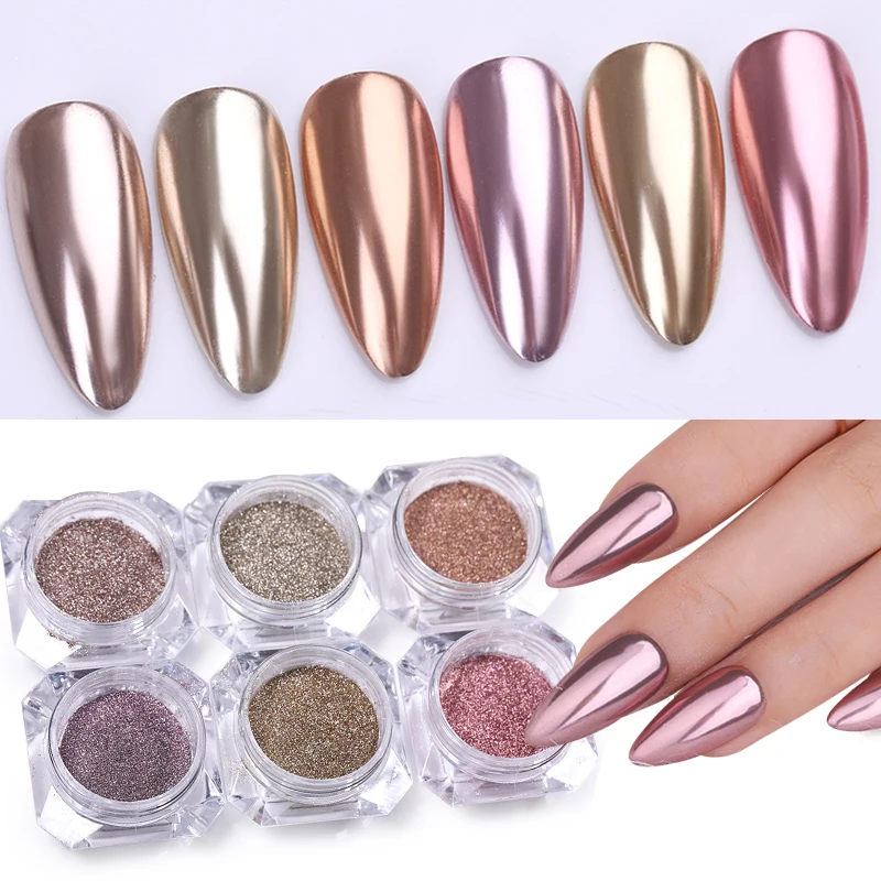 1 Box Nail Powder Champagne Rose Gold Pink Mixed Colors Mirror Metal Effect Chrome Pigment Dust Nail Art DIY Design Decoration