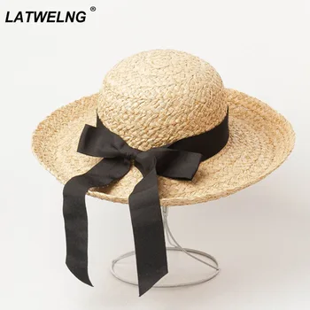 

New Spring Summer Curled Bow Decoration Eaves Raffia Straw Hat For Women Outdoor Tourism Sun Hats