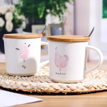 

Cute Flamingo Ceramic Cup Creative Coffee Mug with Wooden Lid Spoon 380ml Capacity Household Milk Juice Cup Office Drinking Mugs