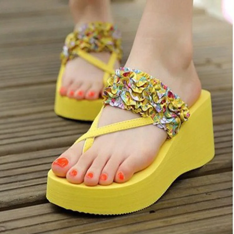

New Style Bohemian Silk Fabrics Floral-Print Slanted Heel Flip-flops Summer Platform High-Heel Slippers Fashion Beach Slippers