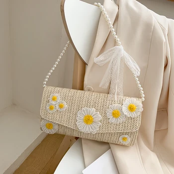

Women Straw Woven Handbag Female Daisy Pearl Handle Underarm Shoulder Tote Bag Popular Simple Female Daily Bag