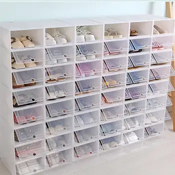 

2/6/12PCS Thicken Shoes Box Transparent Stackable Shoes Storage Box Plastic Shoe Container - Size S/L (White)