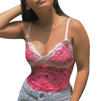 

2020 Fashion Trend Women's Sleeveless Lace Trim Camisole Sexy Spaghetti Strap Cherry Print V Neck Crop Cami Top New Summer Tanks