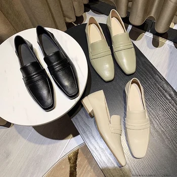 

Hapucky Women's Shoes Genuine Leather Casual Shoes For Spring Autumn New Fashion Low Heels Shoes Hot Sell Square Toe Shoes