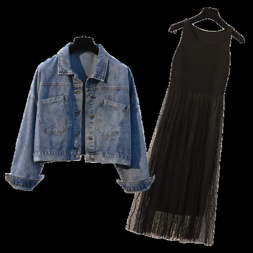 Сетчатое платье, джинсовая куртка, женский костюм, весна-осень, новинка, плюс размер, сексуальное черное платье без рукавов, базовая джинсовая куртка, Женский комплект, 2 шт., 5XL