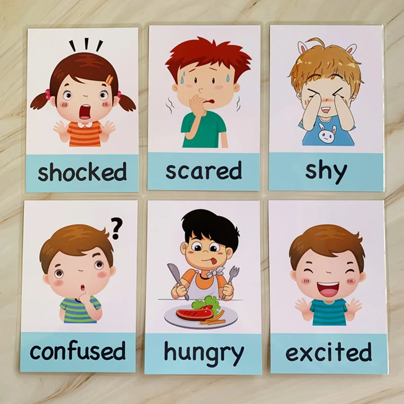 14pcs Montessori Baby English Learning Cards Cartoon Emotion Flash