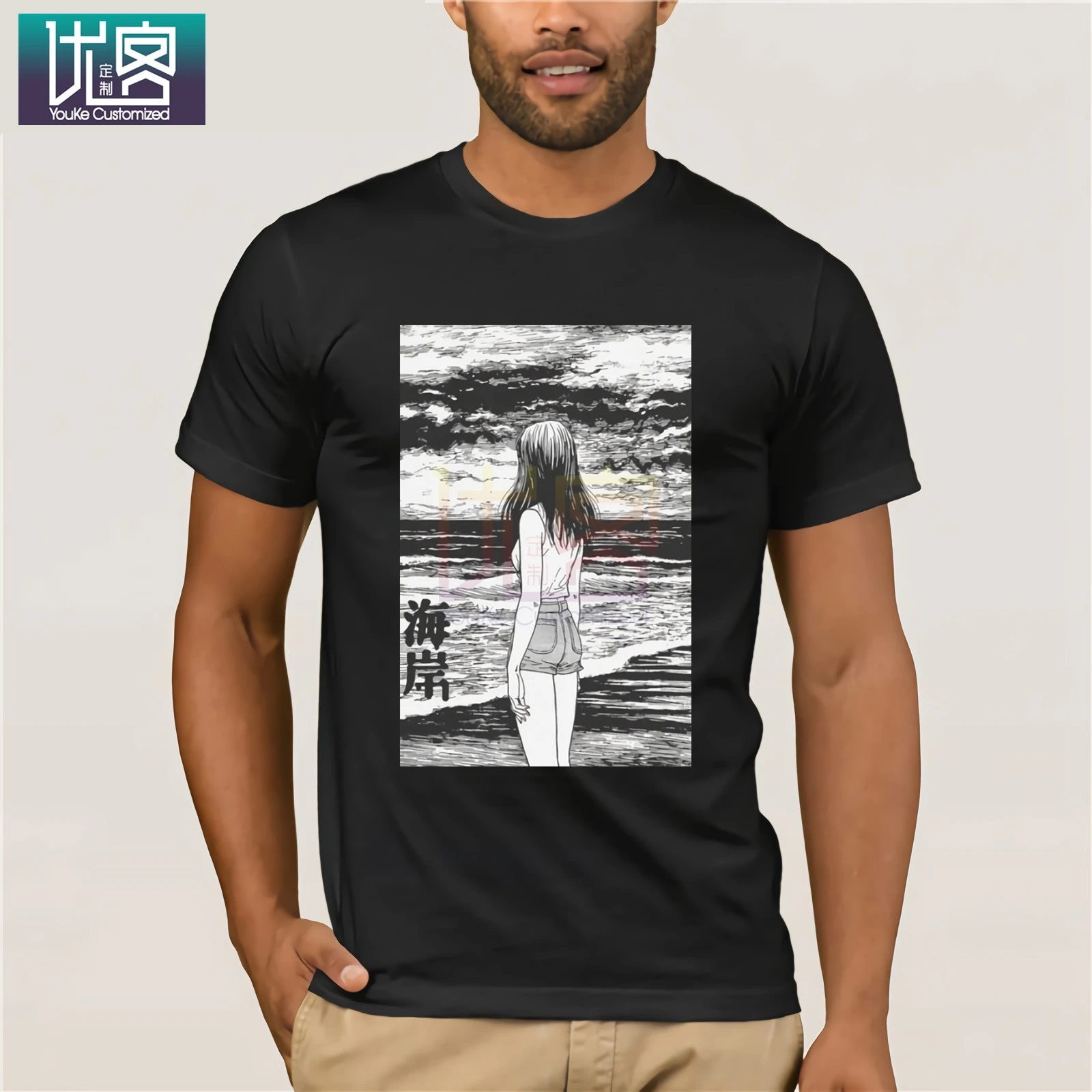 Uzumaki Sea футболка Ужасы футболки Манга Футболка Junji Ito Мужская Винтаж Чистый хлопок