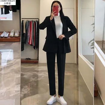 

2020 Plus Size Women Business Work Suit Casual Long Blazer Mujer+Button Trousers Woman Korean Fashion Black Blazer Suit 2 Piece