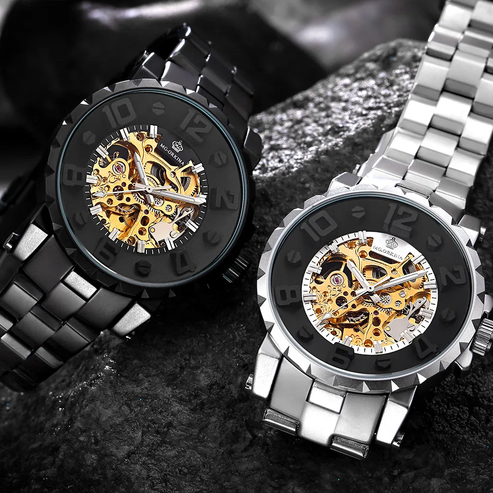 ORKINA Brand Automatic Mechanical Watches Men Luxury Gold Skeleton Black Stainless Steel Men's Automatic Self-Wind Wristwatches