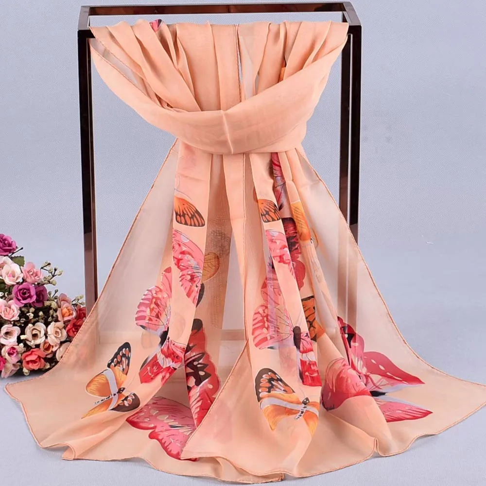 Стильный шифоновый шарф с принтом бабочки, длинный шарф, Женская шаль, Мягкие осенние элегантные теплые шарфы# F