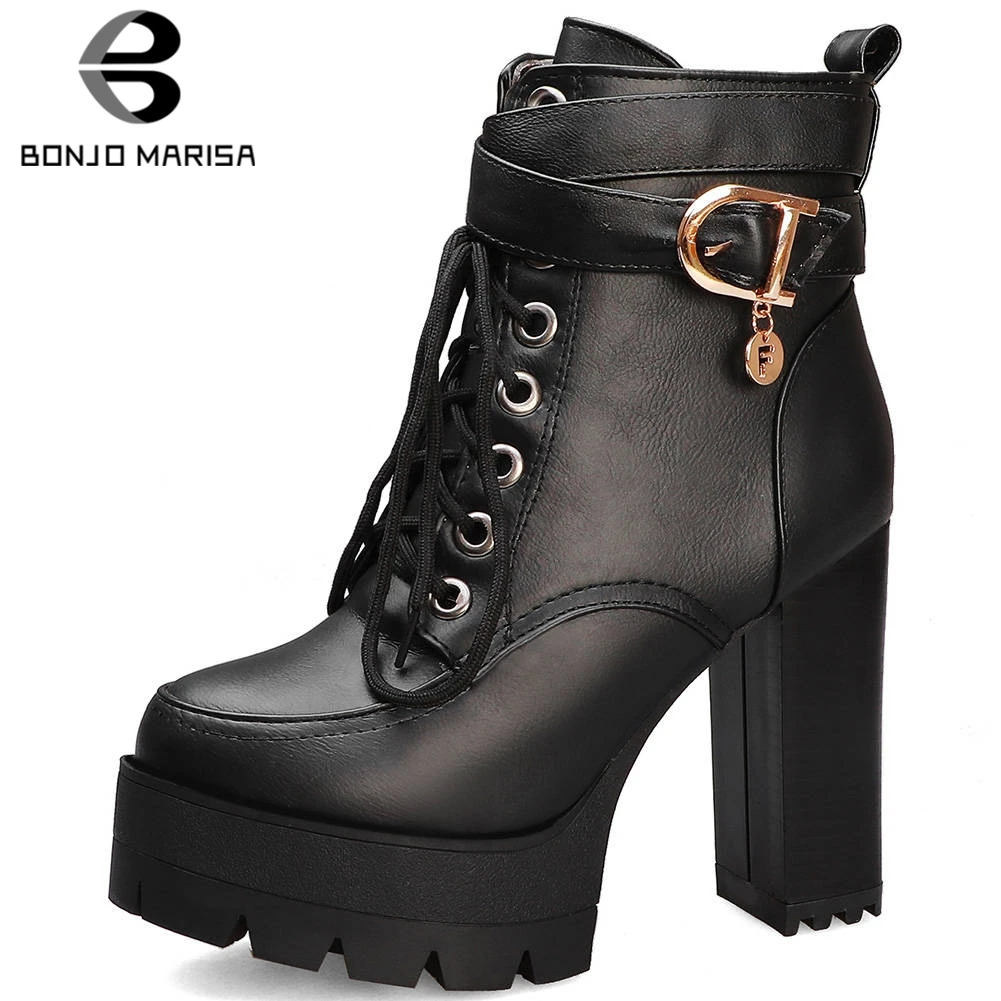 

BONJOMARISA Big Size 33-43 New High Platform Booties Ladies Cool Ankle Motorcycle Boots Women 2019 Super High Heels Shoes Woman