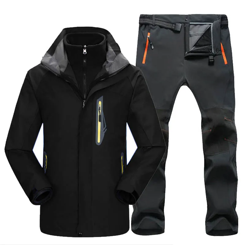 TRVLWEGO для мужчин походная Лыжная куртка брюки 2 в 1 один комплект Открытый водонепроницаемый ветрозащитный с толстым флисом пальто и брюки - Цвет: black gray