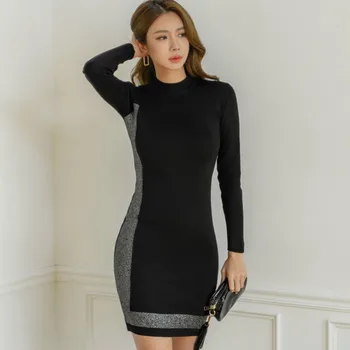 

Winter Slim Color Patchwork Casual Bodycon Mini Women Knitting Cloth Sweater Dress