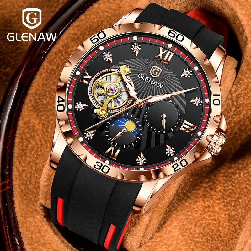 GLENAW brand flywheel series high-grade watch Men's mechanical men's automatic hollow out luminous waterproof wrist | Наручные