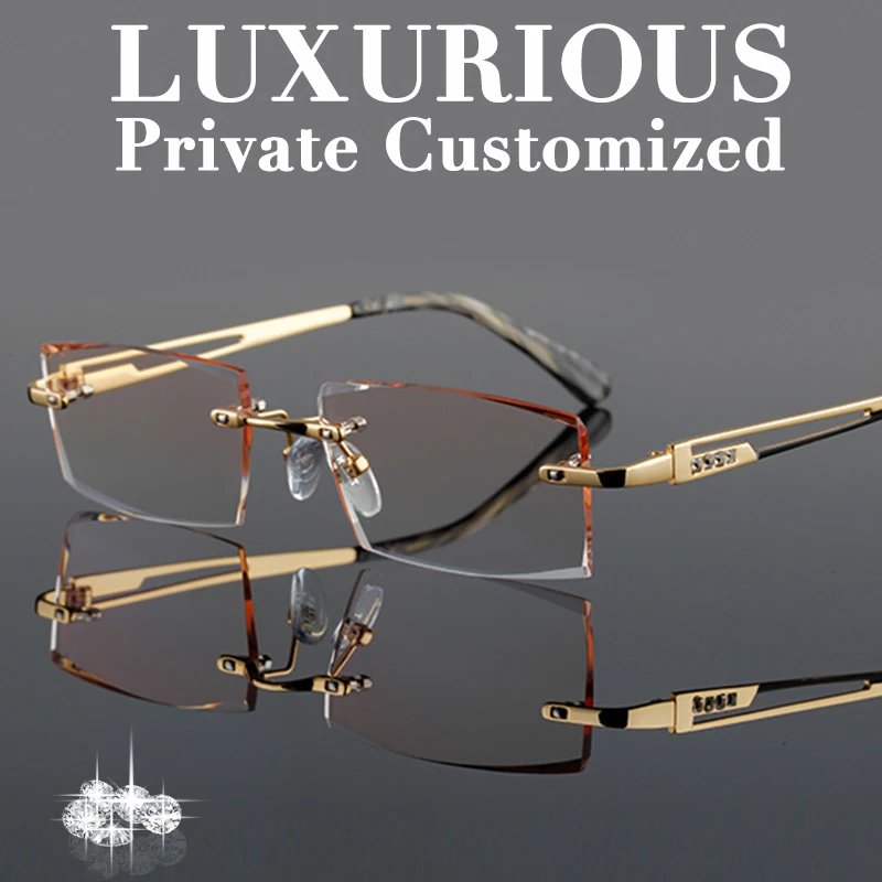 

Luxury Gold Glasses Frames Men Rhinestone Eyeglass Titanium Frame High Clear Lens Ti Rimless Optical Complete Spectacles 645