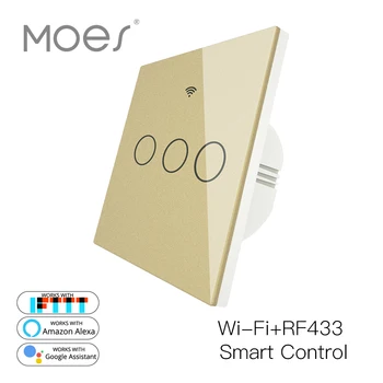 

WiFi Smart Glass Panel Switch Tuya App Remote Control Work With Alexa Echo Google Home RF433 EU Type Gold Touch 3 Gang