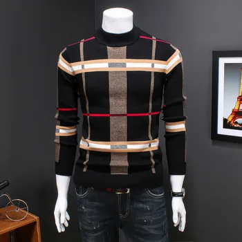 

2019 autumn and winter male Korean version plaid striped round neck long-sleeved sweater sets Wool knit bottoming clothes Black
