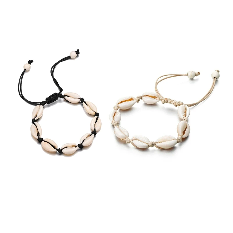 2 шт ножные браслеты для женщин Shell Foot Jewelry Летний пляж босиком браслет Лодыжка на ноге ремешок на лодыжке Богемные аксессуары-черный и