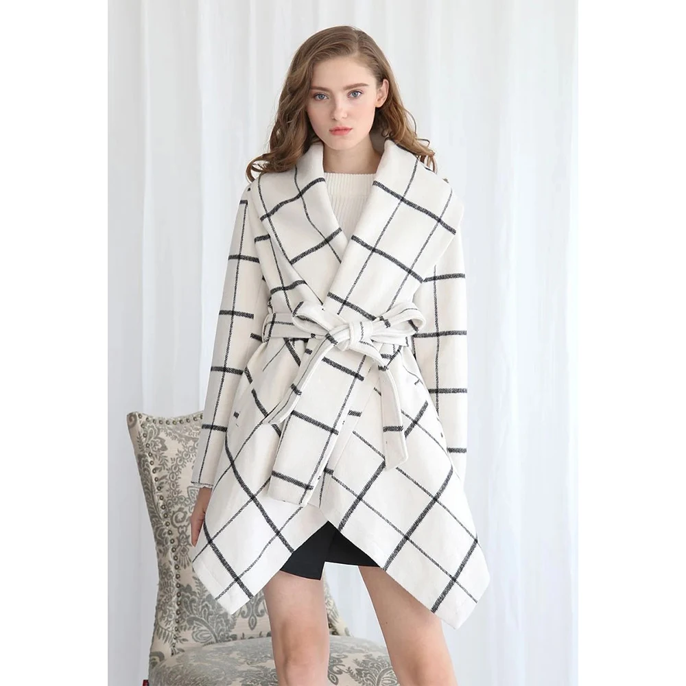 Autumn/Winter Stylish And Warm Sashes Trench Women Woolen Plaid Coats Turn-Down Collar Medium-Long Female Jackets