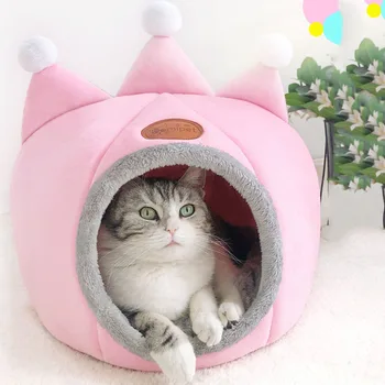 

2020 Dog Cat Cave Lovely Princess Bed Semi-closed Plus Velvet Winter Warm Pet House With Mat Top Quality Dog Beds For Small Dogs