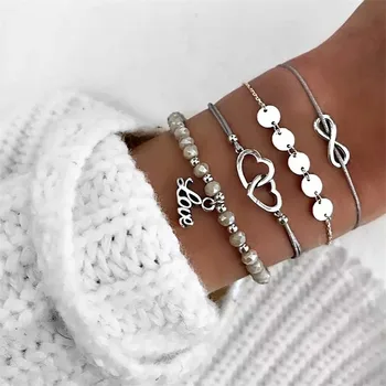 

HOCOLE Bohemian Handmade Weave Heart Bead Bracelet Sets Women Fashion Silver Color Rope Chain Bracelets Charm Jewelry Party Gift