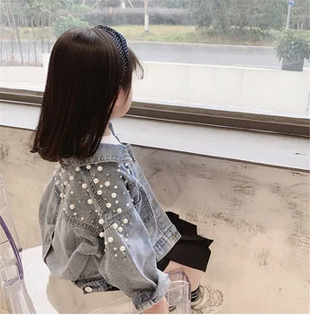 

Baby Girls Pearl Denim Jacket Toddle Teenager Jean Coat Beading Kids Jean Clothing Girl Outwear Spring Autumn Chaqueta Clothes