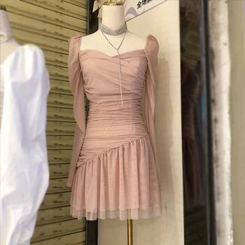 

Women's Dress 2020 Summer New Pleated Puff Sleeve Long Sleeve Small Slim Dress Female Dresses Vestidos Femme