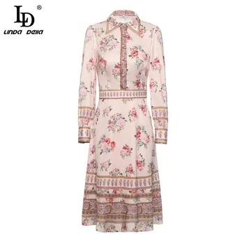 

LD LINDA DELLA Fashion Runway Summer Retro Women Long Sleeve Single-breasted Floral Print Elegant Slim Fit Midi Dress