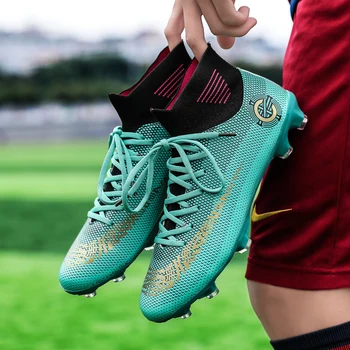 

Men boys Football Boots Soccer Cleats Long Spikes TF Spikes Ankle High Top Sneakers Soft Indoor Turf Futsal Child soccer Shoes