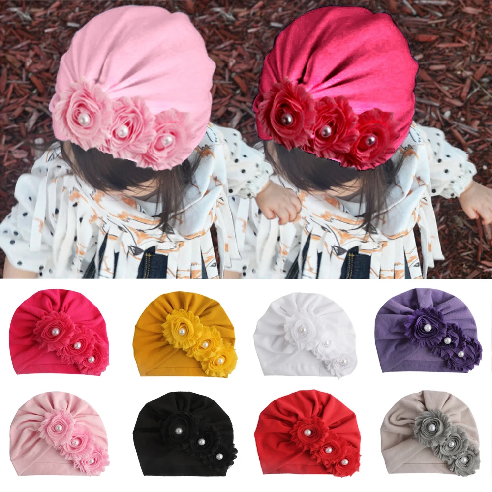 One Piece Newborn Toddler Kids Baby Girls Pearl Three Flower Cotton Beanie Hat Winter Cap Sweet Solid Cute Lovely Warm Soft