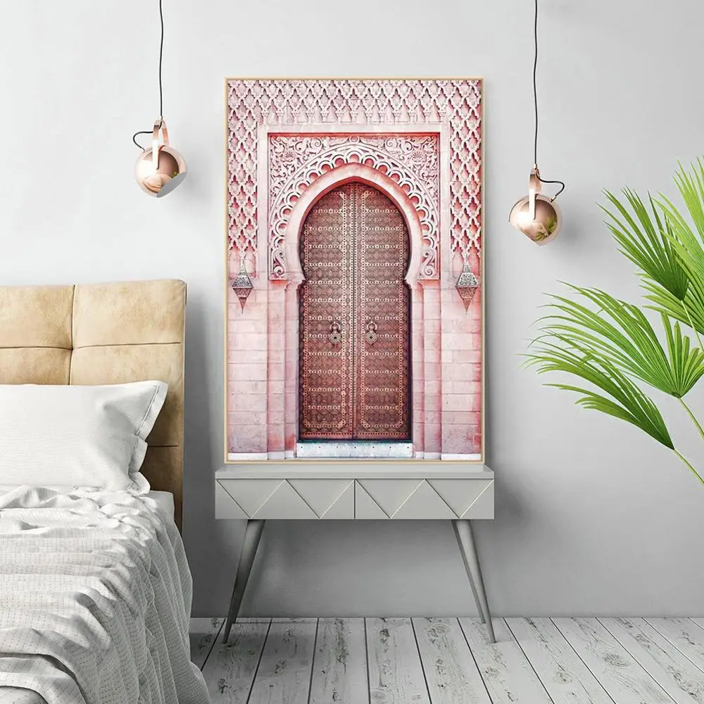 Religion-Wall-Art-Canvas-Poster-Moroccan-Arch-Pink-Door-Muslim-Print-Nordic-Decorative-Picture-Painting-Modern (2)