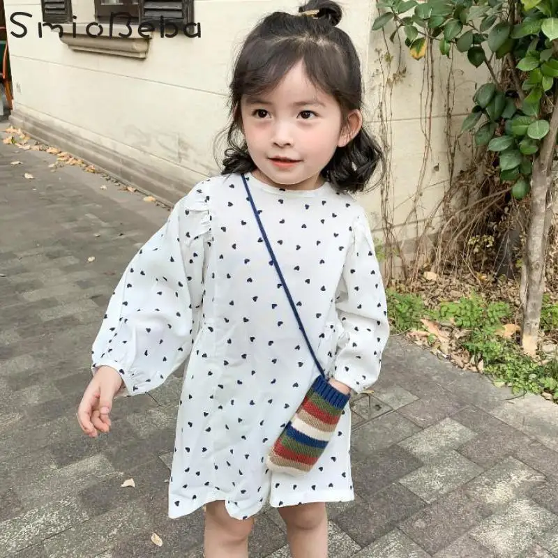 Korean Girls Chiffon Dress 2020 Spring New Children Skirt Lantern Sleeve Love Printed Princess White Girl Toddler Clothing | Детская