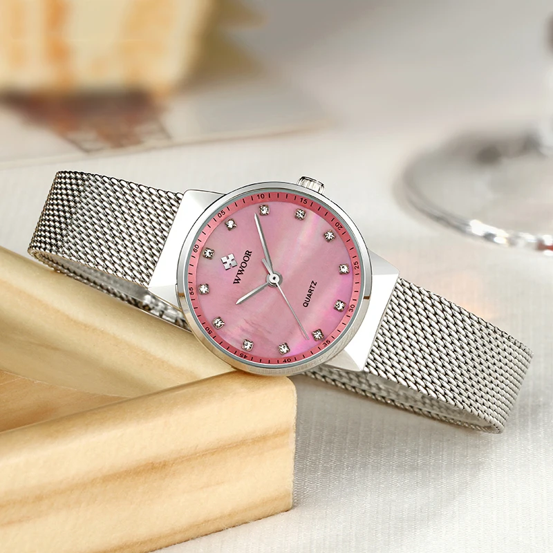 Женские розовые часы Reloj Mujer WWOOR модные под платье известного бренда класса люкс