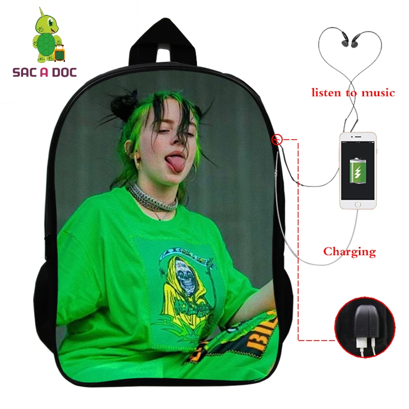 164-JX-billie 16 Рюкзак Mochila Billie Eilish, школьные сумки для подростков, девочек, мальчиков, рюкзак, женский рюкзак, USB зарядка, многофункциональный рюкзак для путешествий - Цвет: 164-JX-billie 16