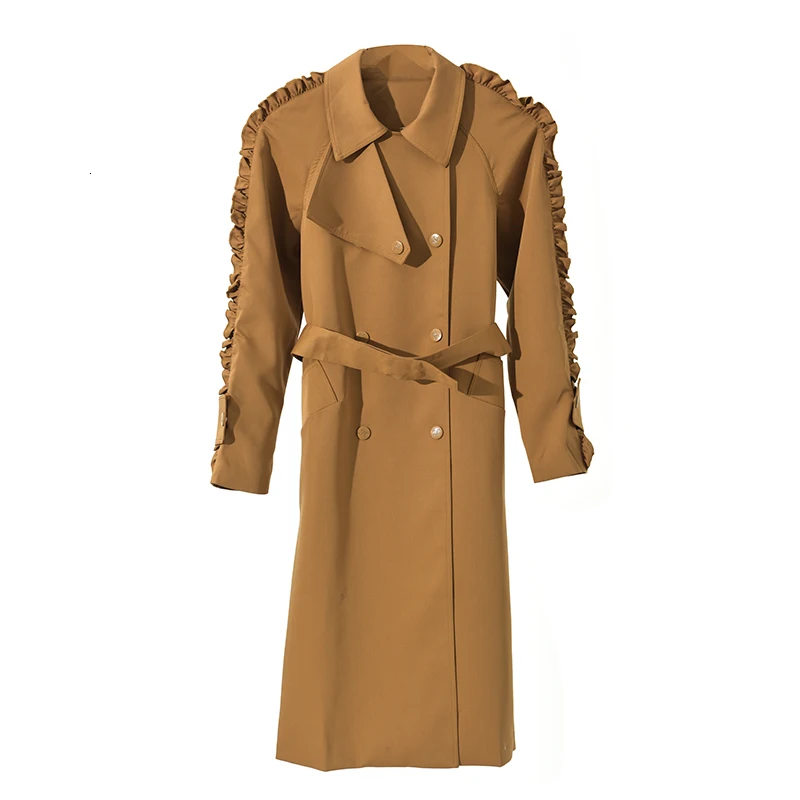 [EAM] женский длинный Тренч коричневого цвета с оборками, новая свободная ветровка с отворотом и длинным рукавом, модная осенне-зимняя модель 1B8870 - Цвет: brown