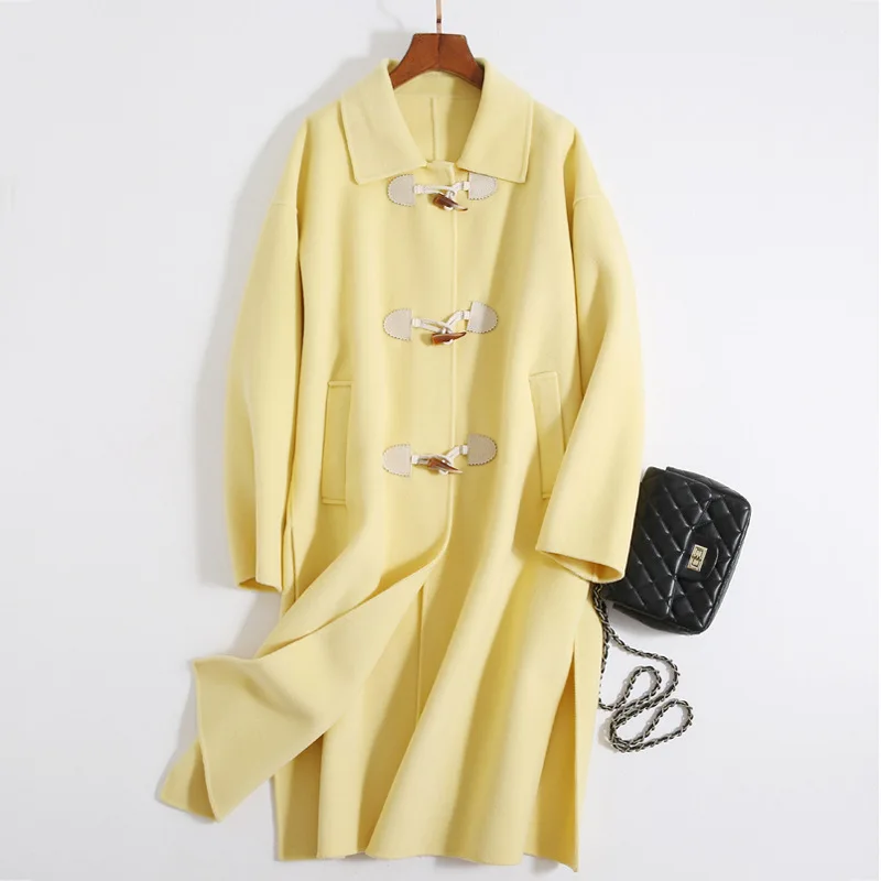 

2019 Popular Horn Button White Wool Coat Women's Plus Size Loose Korean Fashion Double-sided Long Woolen Overcoat Black Jacket