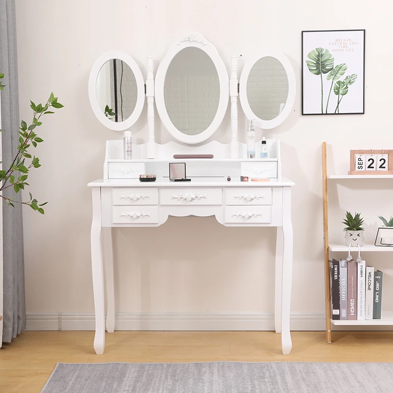 Description Picture 6 of itemDressing Table Stool Bedroom Furniture White Mirror Makeup Table In MDF 7 Drawers 3 Oval Rotatable Mirrors Home Furniture HWC