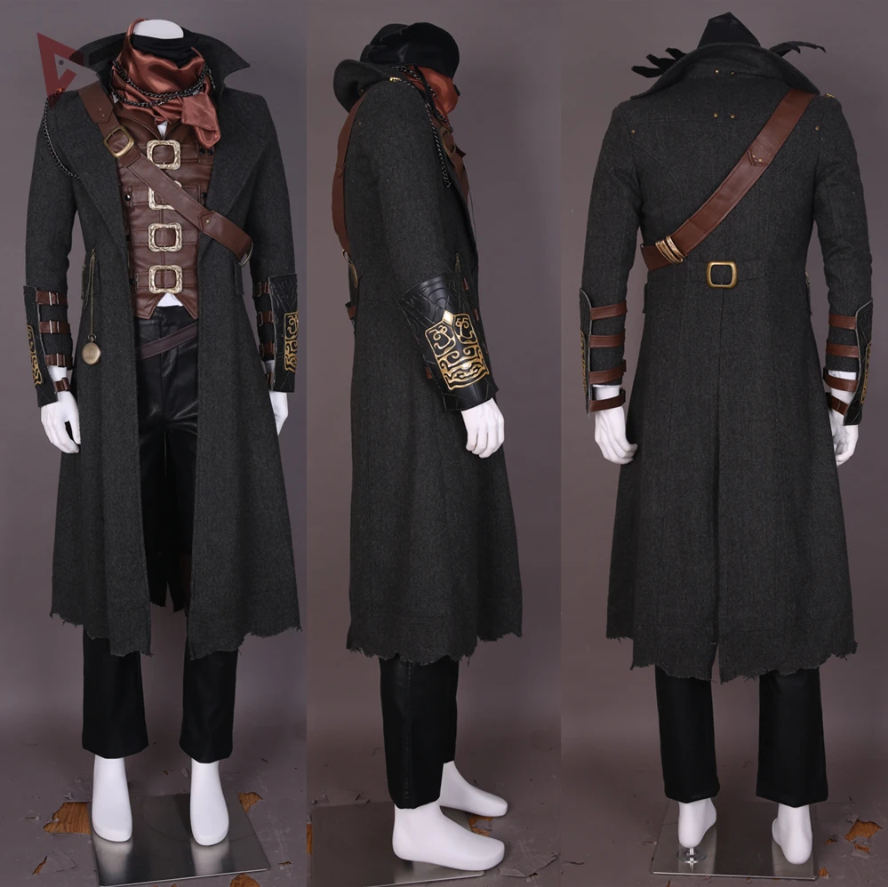 MMGG Bloodborne Косплей Охотник Ludwig Косплей Костюм кожаный жилет пальто брюки шляпа шарф часы ожерелье маска 14 шт. набор