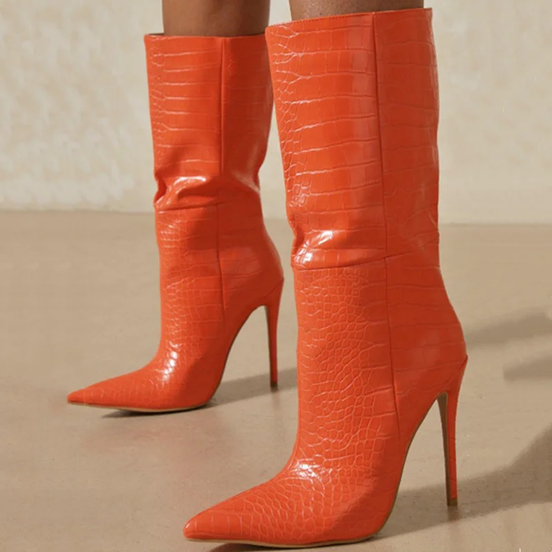 Comfortable Print Midi Calf Boots Winter Pointy Toe High Heel Short Booty Slip-on Shoes Plus Size 43