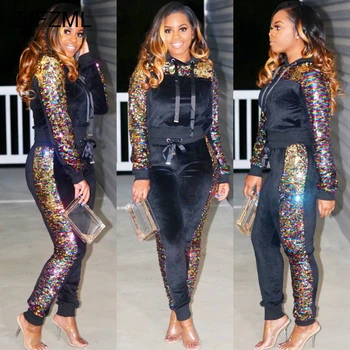 

Colorful Sequined Two Piece Set Women Long Sleeve Hooded Top And Drawstring Bandage Pant Casual Outfits Autumn Winter Sweatsuit