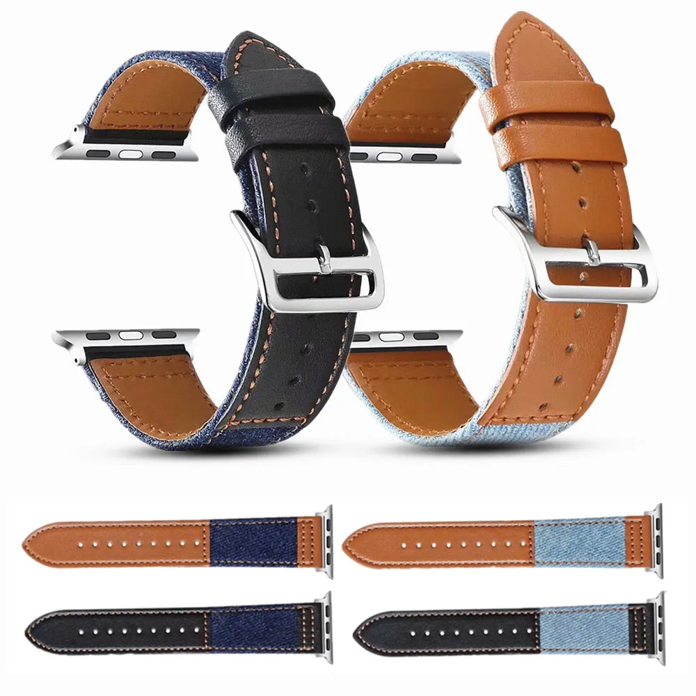 

Classic Personalized Canvas Strap for iWatch 40/44/38/42mm Denim Stitching Leather Bracelet for Apple Watch Band Series 5 4 3 2