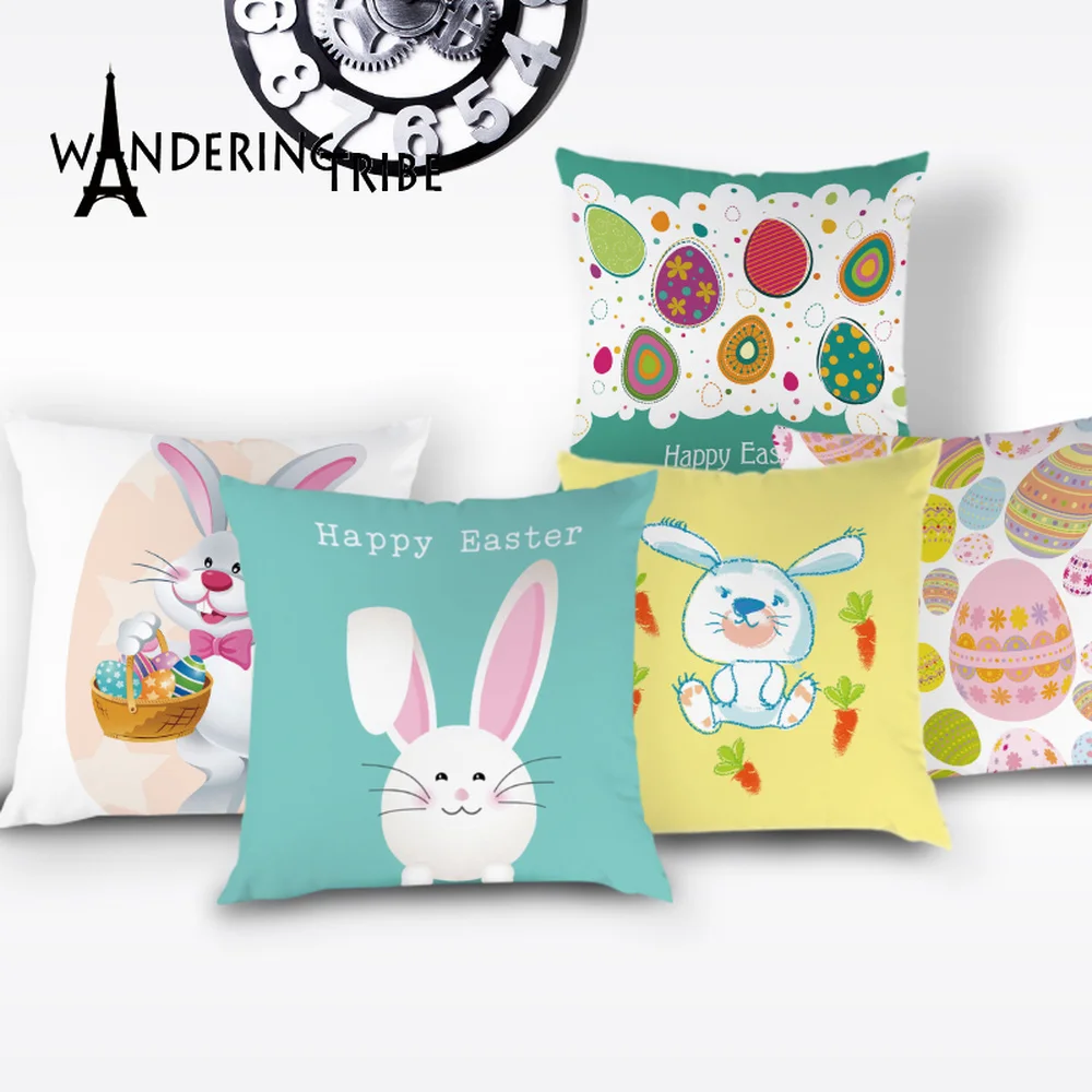 

Cartoon Bunny Cushions Cover Happy Easter Pillow Cases Rabbit Eggs Cushion Covers Polyester Home Decor Throw Pillows Case Kissen