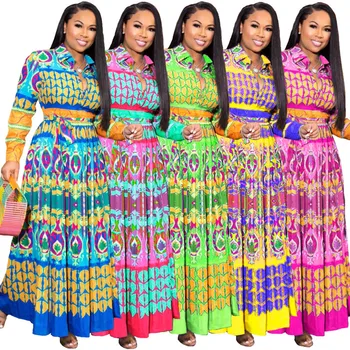 

Autumn Prairie Chic Style Women's Long Sleeve Dresses Turn-down Collar A-Line Type Printed Dress Ankle Length Plus Size