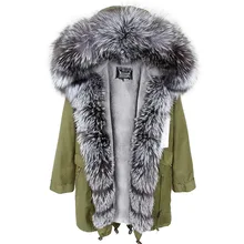 Высококачественная модная верхняя одежда, воротник из натурального меха, с капюшоном, с подкладкой из искусственного меха, серебристая длинная парка, зимняя куртка, Женское пальто из натурального меха
